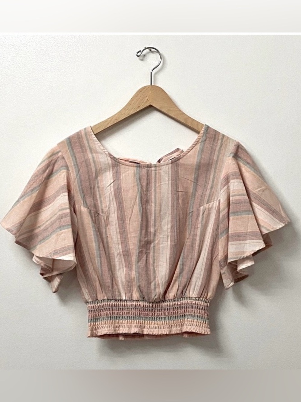 Japna Pink and Gray Striped Flutter Sleeve Crop Top